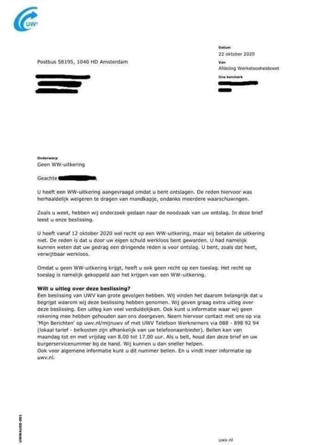 ontslag geen mondkapje geen ww 