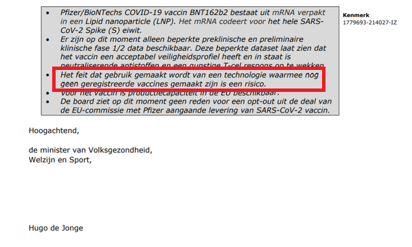 hugo de jonge, vaccinatie risico 