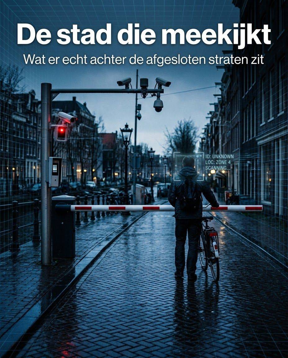 Een gesloten slagboom met camera in een Amsterdamse grachtenstraat, met een digitaal raster over de stad