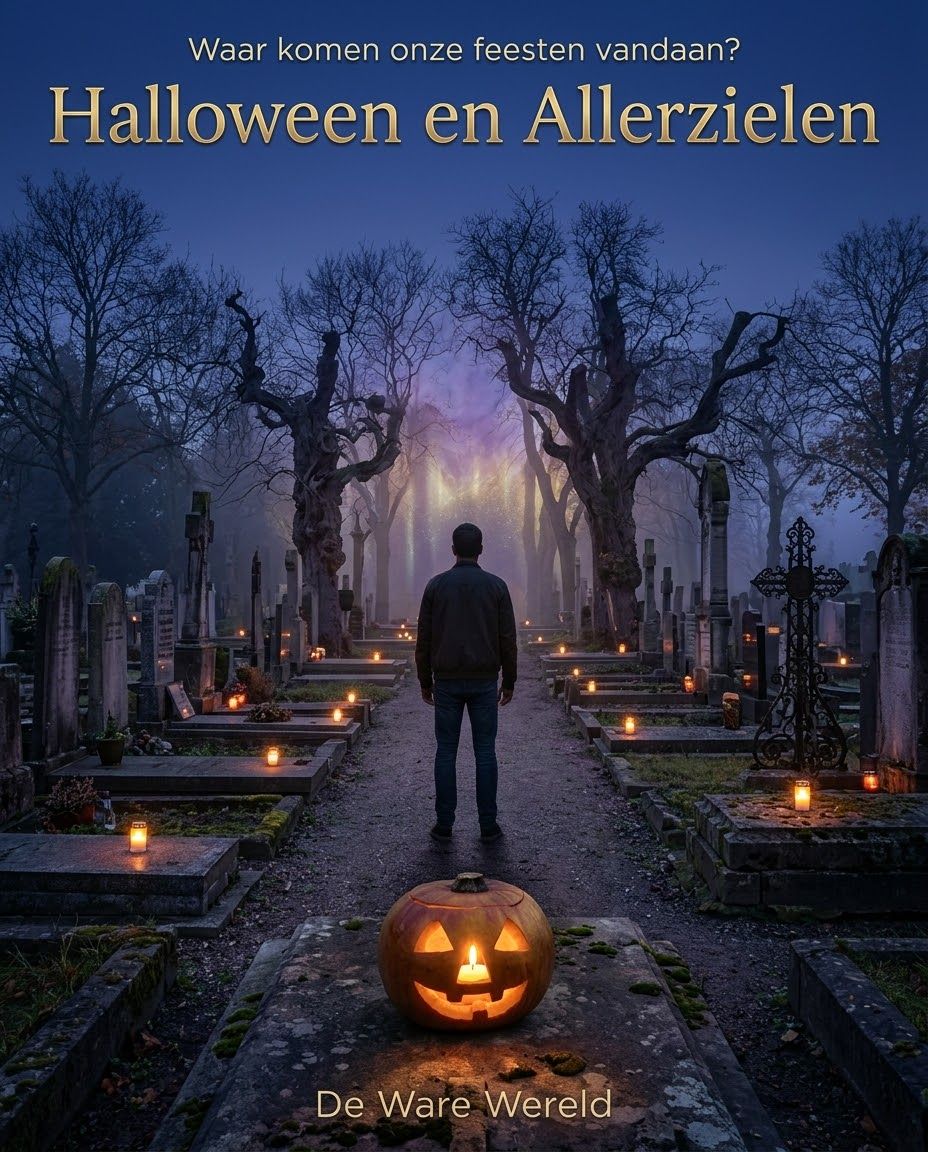Kerkhof bij schemering met kaarsjes en een uitgeholde knolraap, met de tekst Halloween en Allerzielen