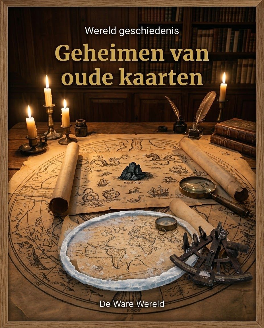 Oude kaarten op een tafel in een bibliotheek bij kaarslicht, met de tekst Geheimen van oude kaarten