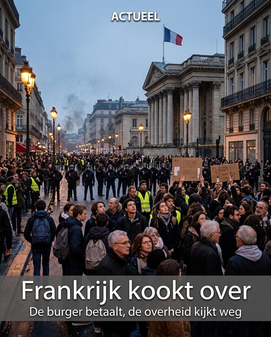 Menigte demonstranten in Parijs voor een overheidsgebouw, met de tekst Frankrijk kookt over